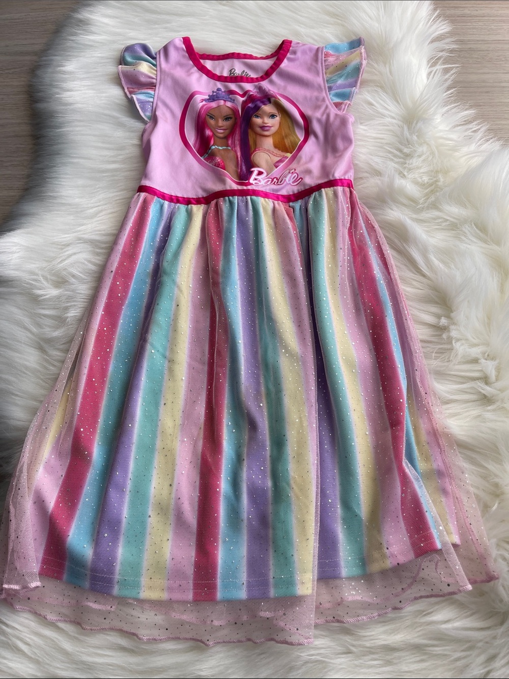 Barbie Pink Dress with Pastel Rainbow Stripes